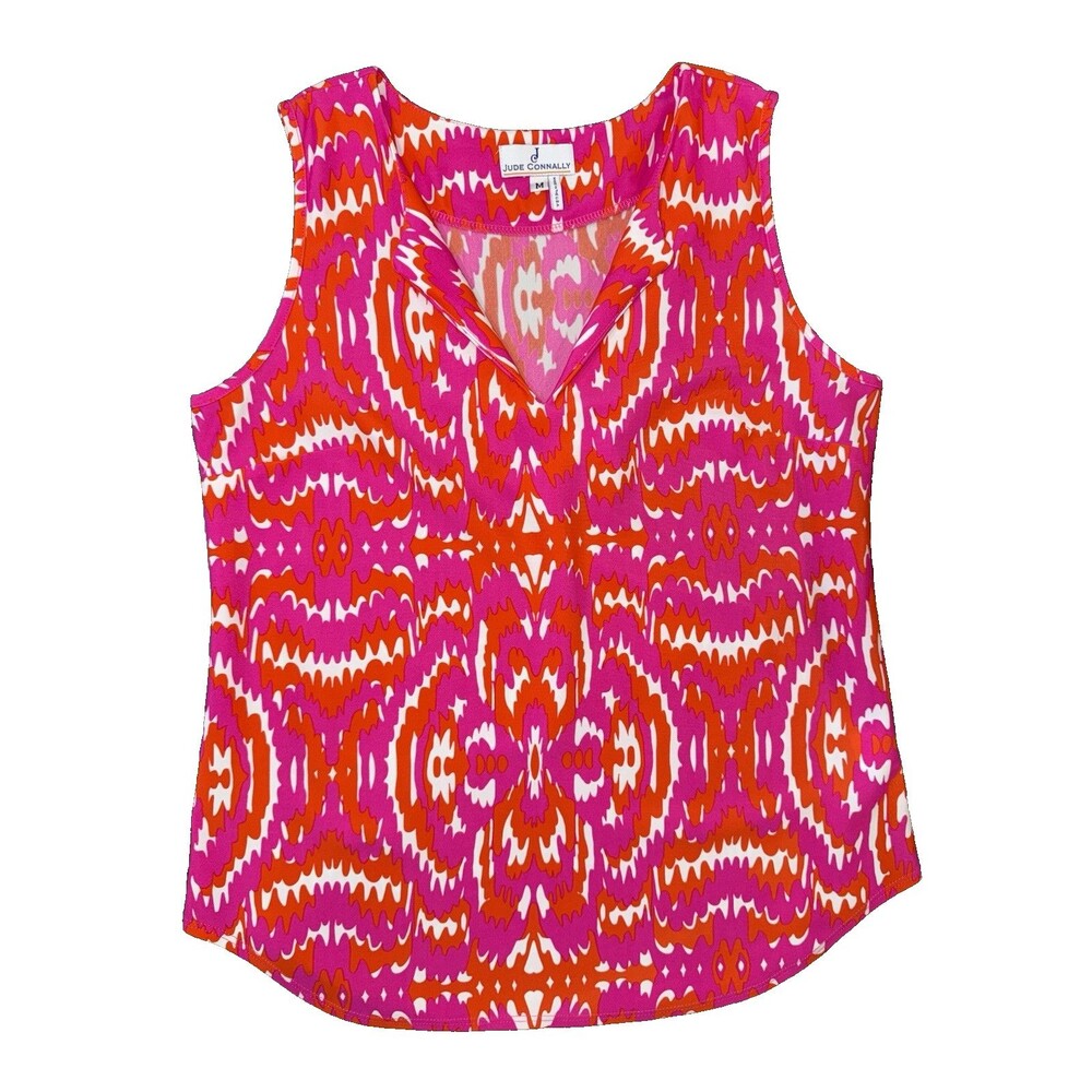 Jude Connally Pink Orange Ikat Sleeveless V-Neck Stretch Knit Top Made In USA  M - Picture 5 of 11